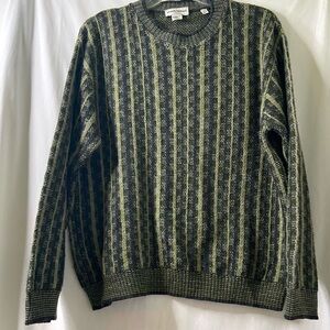 Paola Valenzuela  Men's Merino Wool Olive and Gray Striped Crewneck Sweater